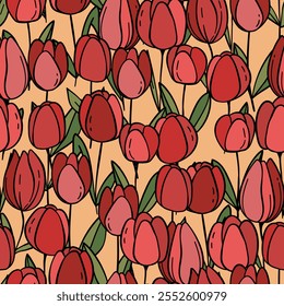 Floral colorful vector illustration with tulips. Simple minimalistic pattern with nature elements. Vector illustration for fabric, textile, poster, invitation. Trendy hand drawn textures.