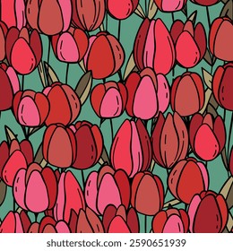 Floral colorful vector illustration with tulips. Simple minimalistic pattern with nature elements. Vector illustration for fabric, textile, poster, invitation. Trendy hand drawn textures.