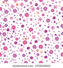 Floral colorful vector rustic pattern with pink ditsy flowers.  Liberty style millefleurs. Trendy floral design