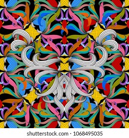 Floral colorful vector seamless pattern. Hand drawn vintage ethnic ornaments. Design for fabrics, wallpapers, prints textile. Bright texture. Line art tracery doodle flowers, striped leaves.