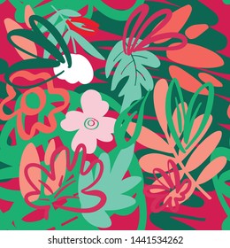 Floral colorful vector seamless pattern with hand drawn leafs, flowers and abstract elements for your design