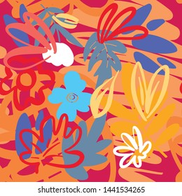 Floral colorful vector seamless pattern with hand drawn leafs, flowers and abstract elements for your design
