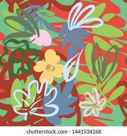 Floral colorful vector seamless pattern with hand drawn leafs, flowers and abstract elements for your design