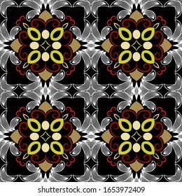 Floral colorful vector seamless pattern. Ornamental ethnic style background. Repeat decorative backdrop. Abstract flowers, leaves, swirls, frames, lines, shapes. Vintage ornaments. Beautiful design.