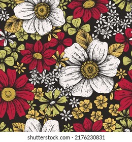 Floral colorful vector seamless pattern. Retro style summer floral background. Warm abstract floral print, fabric design. Vintage seamless pattern with flowers, graphic line art, seventies style. 