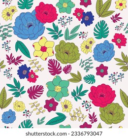 Floral Colorful Vector Seamless Pattern, Leaves Ans Peonies Print For Wedding Cards, Wrapper, Wallpaper, On Light Background