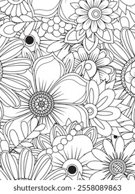 Floral coloring book for adults.Floral coloring book page for adults. Line art of beautiful flowers for background and coloring book page for adult and kids. Vector illustration 
