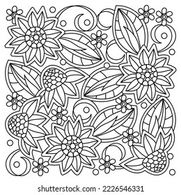 Floral coloring book page for adults. Doodle Flowers and leaves. Vector black and white illustration. Hand-drawn background.