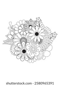 Floral coloring book page for adults. Black and white vector illustration. Beautiful Flowers with Leaves. Floral Adult Coloring Pages . Printable Adult Coloring Page.