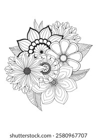 Floral coloring book page for adults. Black and white vector illustration. Beautiful Flowers with Leaves. Floral Adult Coloring Pages . Printable Adult Coloring Page.