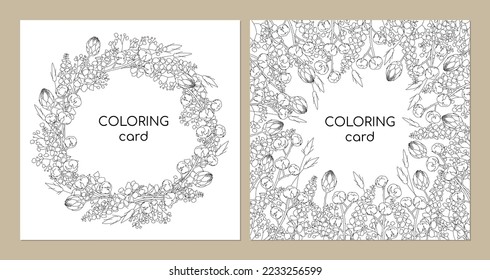 Floral coloring card. Flowers lagurus, moluccella, cotton, proteas, hydrangea. Vector illustration. 