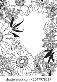 Floral coloring page for adults. Black and white pattern with flowers.
