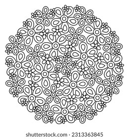 Floral coloring page for adults. Doodle Flowers. Vector black and white illustration. Hand-drawn round background.
