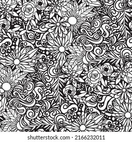 Floral coloring page Hand drawn doodle seamless pattern for your design Daisy and wave illustration