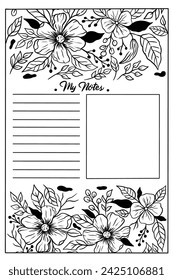 floral coloring page with note