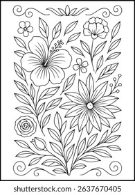 Floral Coloring Page – Printable Black and White Botanical Line Art with Flowers, Stars, and butterfly for Adults and Kids Relaxation