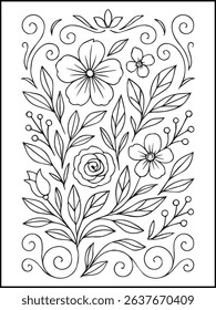 Floral Coloring Page – Printable Black and White Botanical Line Art with Flowers, Stars, and butterfly for Adults and Kids Relaxation