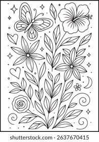 Floral Coloring Page – Printable Black and White Botanical Line Art with Flowers, Stars, and butterfly for Adults and Kids Relaxation