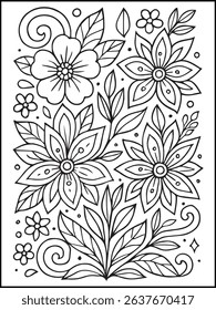 Floral Coloring Page – Printable Black and White Botanical Line Art with Flowers, Stars, and butterfly for Adults and Kids Relaxation