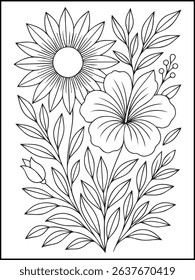 Floral Coloring Page – Printable Black and White Botanical Line Art with Flowers, Stars, and butterfly for Adults and Kids Relaxation