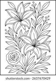 Floral Coloring Page – Printable Black and White Botanical Line Art with Flowers, Stars, and butterfly for Adults and Kids Relaxation
