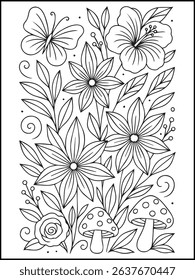 Floral Coloring Page – Printable Black and White Botanical Line Art with Flowers, Stars, and butterfly for Adults and Kids Relaxation