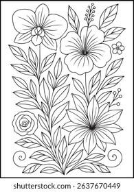 Floral Coloring Page – Printable Black and White Botanical Line Art with Flowers, Stars, and butterfly for Adults and Kids Relaxation
