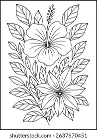 Floral Coloring Page – Printable Black and White Botanical Line Art with Flowers, Stars, and butterfly for Adults and Kids Relaxation