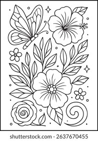Floral Coloring Page – Printable Black and White Botanical Line Art with Flowers, Stars, and butterfly for Adults and Kids Relaxation