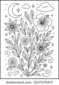 Floral Coloring Page – Printable Black and White Botanical Line Art with Flowers, Stars, and butterfly for Adults and Kids Relaxation