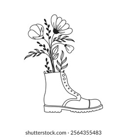 Floral Combat Boot Line Art, Black and White Boutique with Wildflowers and Leafy Spring