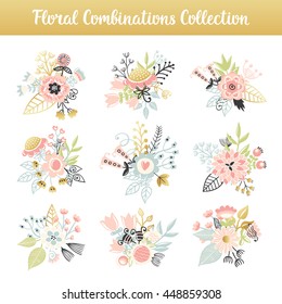 Floral combinations hand drawn vintage set. Vector colorful flowers and leaves collection. Isolated bouquet illustration. Design for patterns, textile, print.