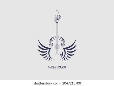 Floral Combined With Wings Guitar Line Art Vector