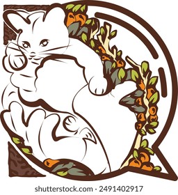 A floral comment, chat and bubble icon with kitten or cat drawing, which is formed by a partially transparent main shape with an adventurous theme and transparent inside the formation. 
