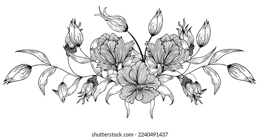 Floral composition, floral background with tender flowers and branches of buds. Hand drawing. For stylized decor, invitations, postcards, posters, cards, backgrounds, as clipart or coloring page