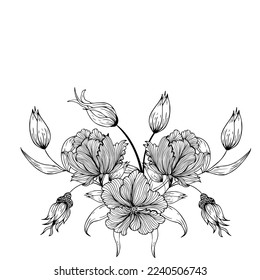 Floral composition, floral background with tender flowers and branches of buds. Hand drawing. For stylized decor, invitations, postcards, posters, cards, backgrounds, as clipart or coloring page