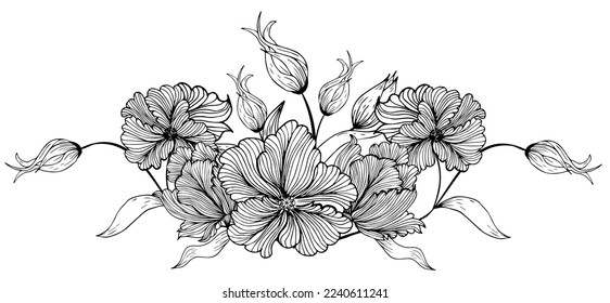 Floral composition, floral background with tender flowers and branches of buds. Hand drawing. For stylized decor, invitations, postcards, posters, cards, backgrounds, as clipart or coloring page