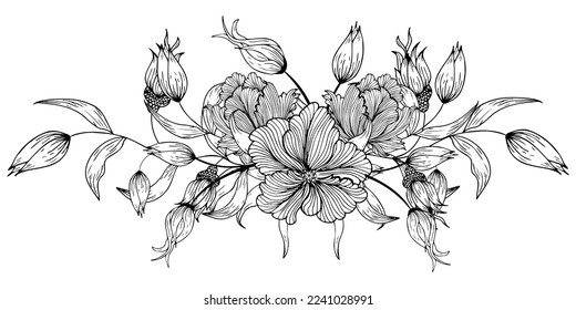Composición floral, fondo floral con flores tiernas y ramas de brotes. Dibujo manual. Para decoración estilizada, invitaciones, postales, carteles, tarjetas, fondos como clipart o página de color