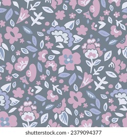 Floral composition with blooming flowers and leaves, stems and flourishing plants. Flor motif ornaments for textile or fabric. Seamless pattern, wallpaper or background print. Vector in flat style