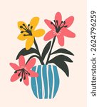 Floral composition with bold, bright hand-drawn textured crazy flowers, a ready-made template for funny modern poster or postcard in a naive style, vector illustration