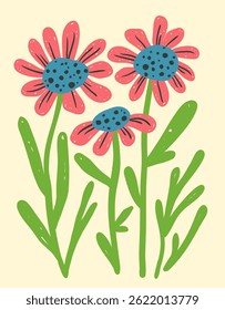Composição floral com flores loucas texturizadas brilhantes, desenhadas à mão, um modelo pronto para cartaz moderno engraçado ou cartão postal em um estilo ingênuo, ilustração vetorial