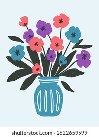 Composición floral con llamativas y brillantes flores locas texturizadas dibujadas a mano, una Plantilla hecha a mano para un divertido póster moderno o postal en un estilo ingenuo, Ilustración vectorial