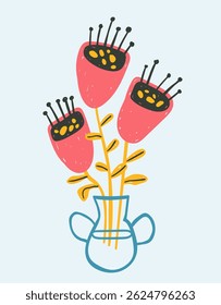 Floral composition with bold, bright hand-drawn textured crazy flowers, a ready-made template for funny modern poster or postcard in a naive style, vector illustration