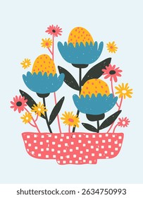 Floral composition with bold, bright hand-drawn textured crazy flowers, a ready-made template for funny modern poster or postcard in a naive style, vector illustration
