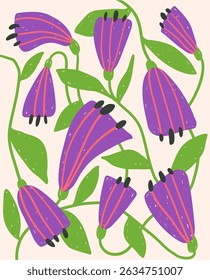 Floral composition with bold, bright hand-drawn textured crazy flowers, a ready-made template for funny modern poster or postcard in a naive style, vector illustration