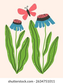 Floral composition with bold, bright hand-drawn textured crazy flowers, a ready-made template for funny modern poster or postcard in a naive style, vector illustration