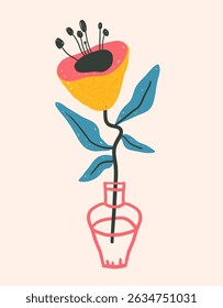 Floral composition with bold, bright hand-drawn textured crazy flowers, a ready-made template for funny modern poster or postcard in a naive style, vector illustration