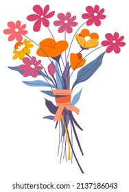 Floral composition of bouquet arrangement, botany and flora decorative present. Bunch of blooming plants tied with decorative ribbon. Spring and summer seasonal flourishing. Vector in flat style