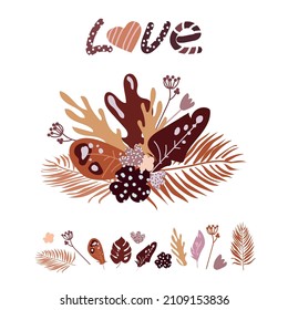 floral composition bouquet with different leaves, dried flowers and feathers.Decorative floral elements for printing and decorating cards,invitations,parties,etc.Hand drawn modern simple style.Spring 
