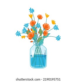 Floral composition in bouquet, flowers in blossoms in decorative water cans, glasses. 8 March and birthday gifts, decorations. Spring and summer blooming plants